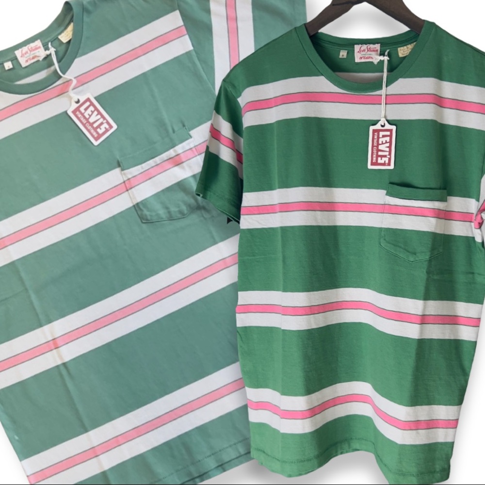 Levi’s Vintage Clothing 1940’s Split Hem Striped T-Shirt Pink/Green - Picture 9 of 16